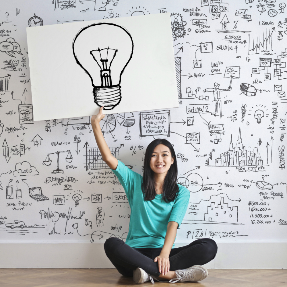 A women holding up a image of a light bulb in front of a wall full of ideas. 